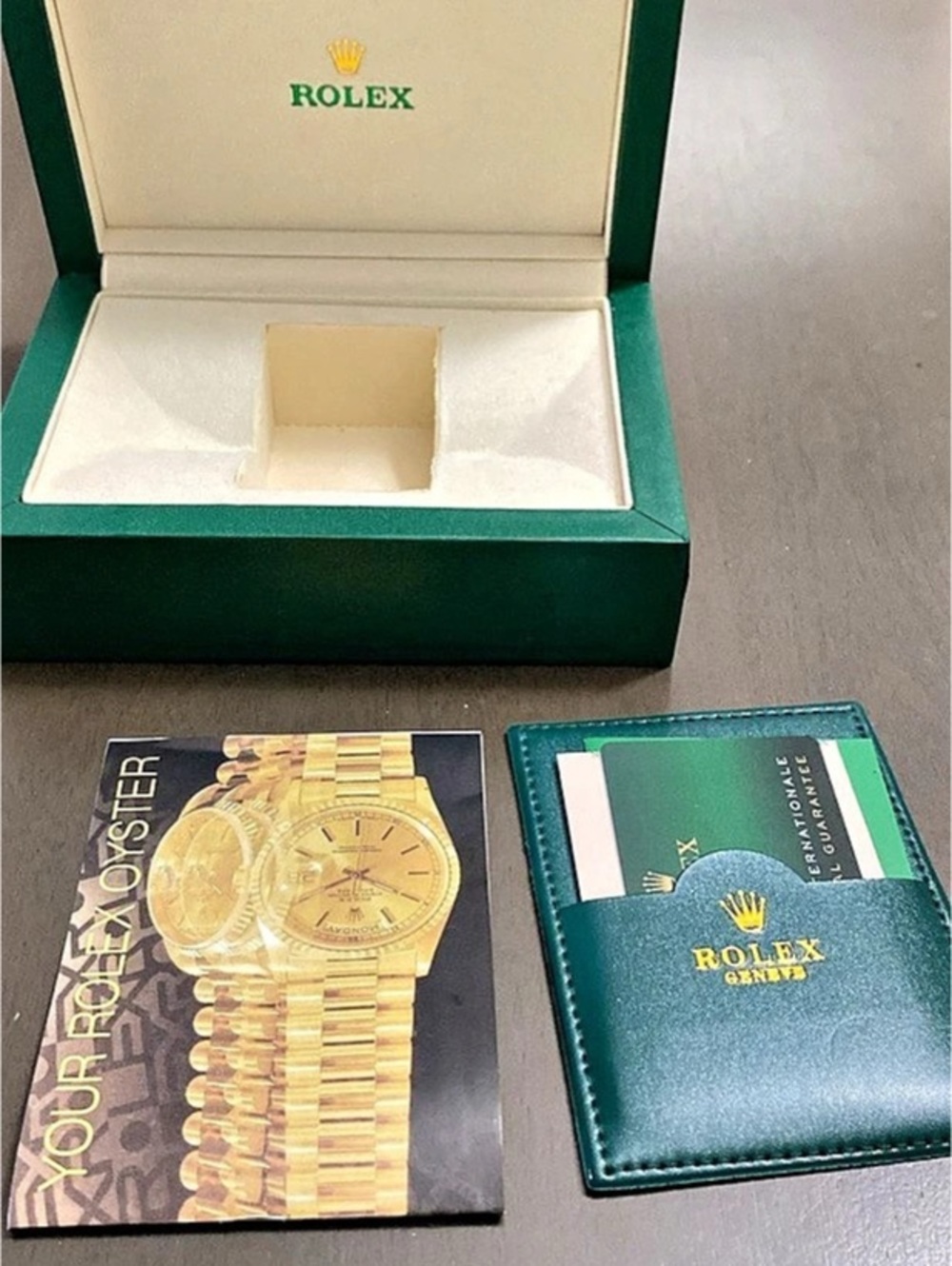 Rolex Wooden Presentation Box and Paperwork Set Green & Gold